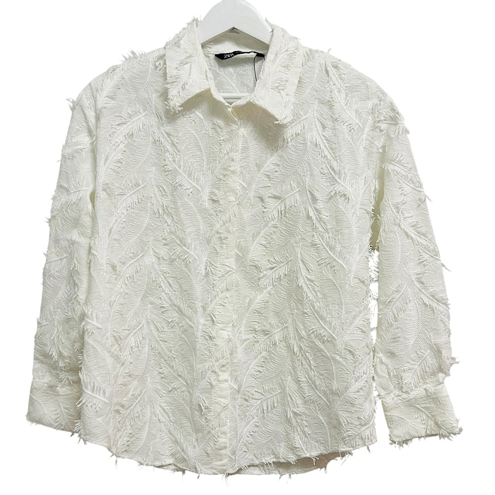 ZARA Eyelash Textured Shirt Womens XS White Button Up Fringe Embroidered Scandi‎